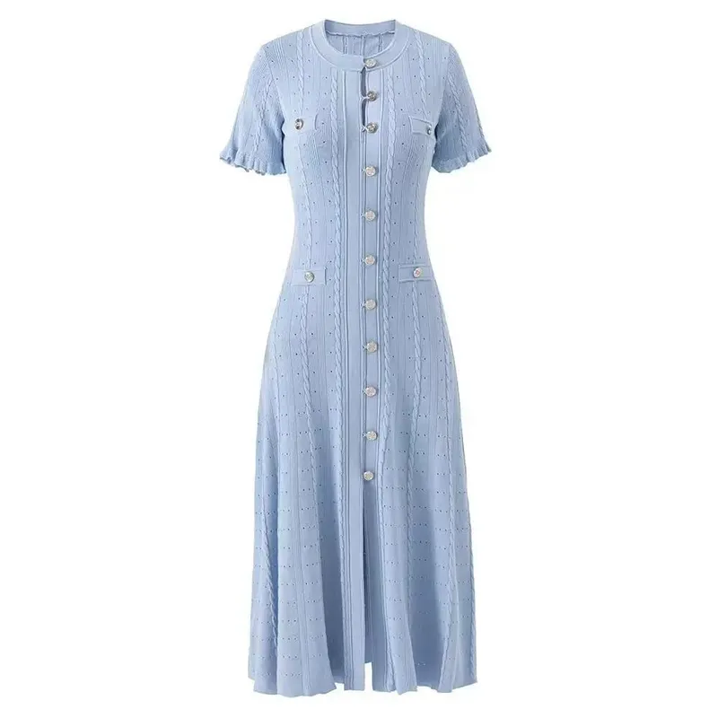 Vintage-Midikleid mit Zopfmuster, Knopfleiste vorne, Rüschen, kurze Ärmel, Taschendesign, elegantes, legeres Party-Strickkleid — image 7