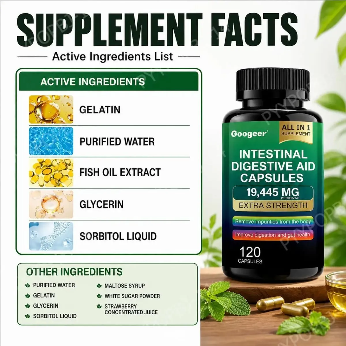Googeer Intestinal Digestive Aid Capsules Fischölextrakt unterstützt die Verdauung und die Darmgesundheit unterstützt die Immunität 120 Kapseln — image 2