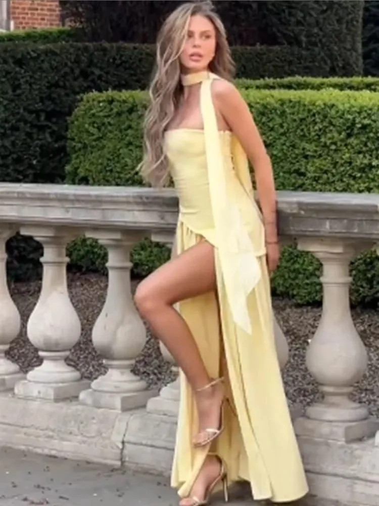 Botergeel Mesh Splicing Lange Jurk Elegante Strapless Split Backless Geplooide Jurken Voor Vrouwen 2026 Lady Avondfeest Jurken — image 4
