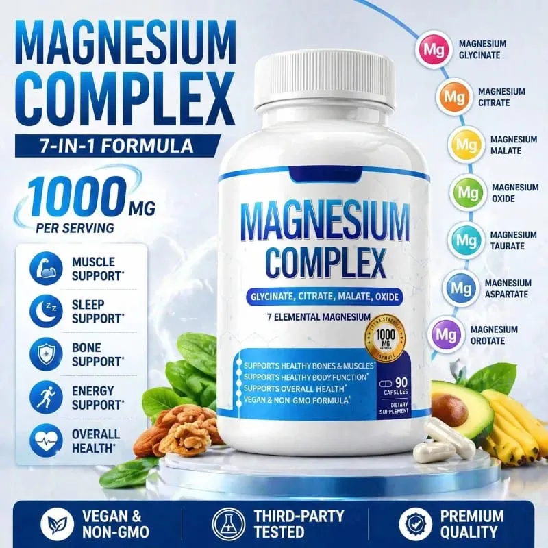 Supplément de magnésium 1000 mg complexe 7 en 1 avec glycinate citrate malate taurate soutient la relaxation musculaire soutien au sommeil 90 Ct — image 2