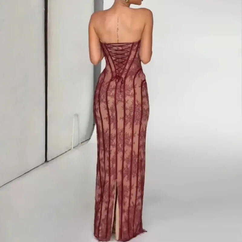 Elegante Chic Gaze Fishbone Party Kleid Off-schulter Liebsten Maxi Kleid Frauen Spitze Gestaltung Taille Vestidos 2026 Abendkleider — image 5