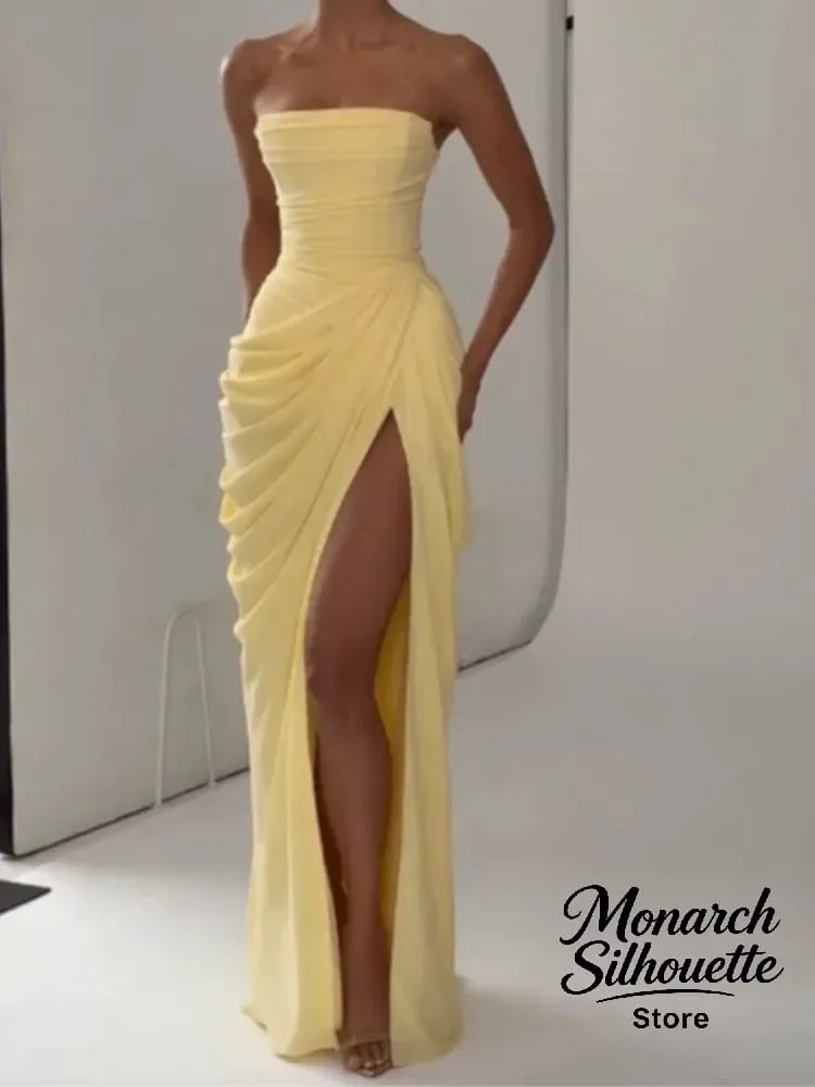 Elegante abito lungo pieghettato giallo senza spalline da donna Chic abito senza maniche solido in vita che stringe l'abito diviso 2026 abiti da sera da sera per donna — image 7