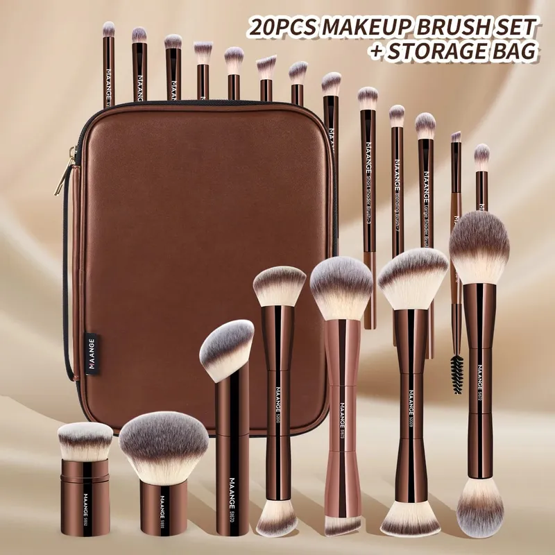 Kit Kuas Rias Pro 20 Buah Kuas dengan Tas Penyimpanan Alas Bedak Ujung Ganda Kuas Eyeshadow Blush Kit Pencampur Kecantikan