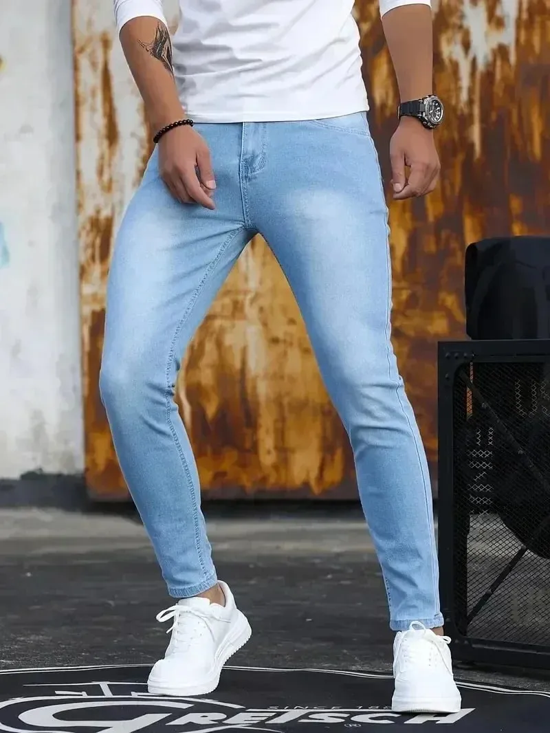 กางเกงยีนส์ผู้ชายยืดกางเกงยีนส์กางเกงสีทึบสีดำสีฟ้าฤดูใบไม้ผลิ Luxury Street Harajuku Hip-Hop สไตล์ SLIM FIT กางเกงยี่ห้อ