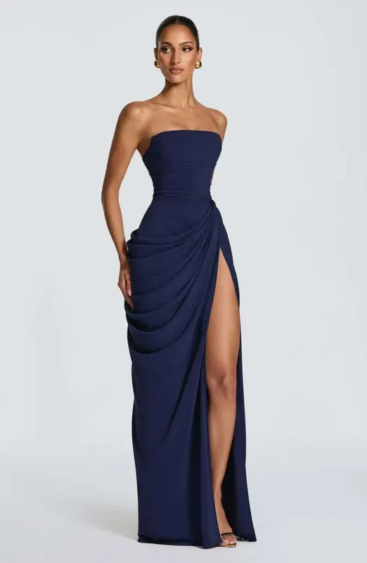 Elegantes, solides, plissiertes, trägerloses Maxikleid, gelb, schulterfrei, rückenfrei, hohe Taille, geteilte Robe, 2026, neues Damen-Abend-Partykleid — image 9