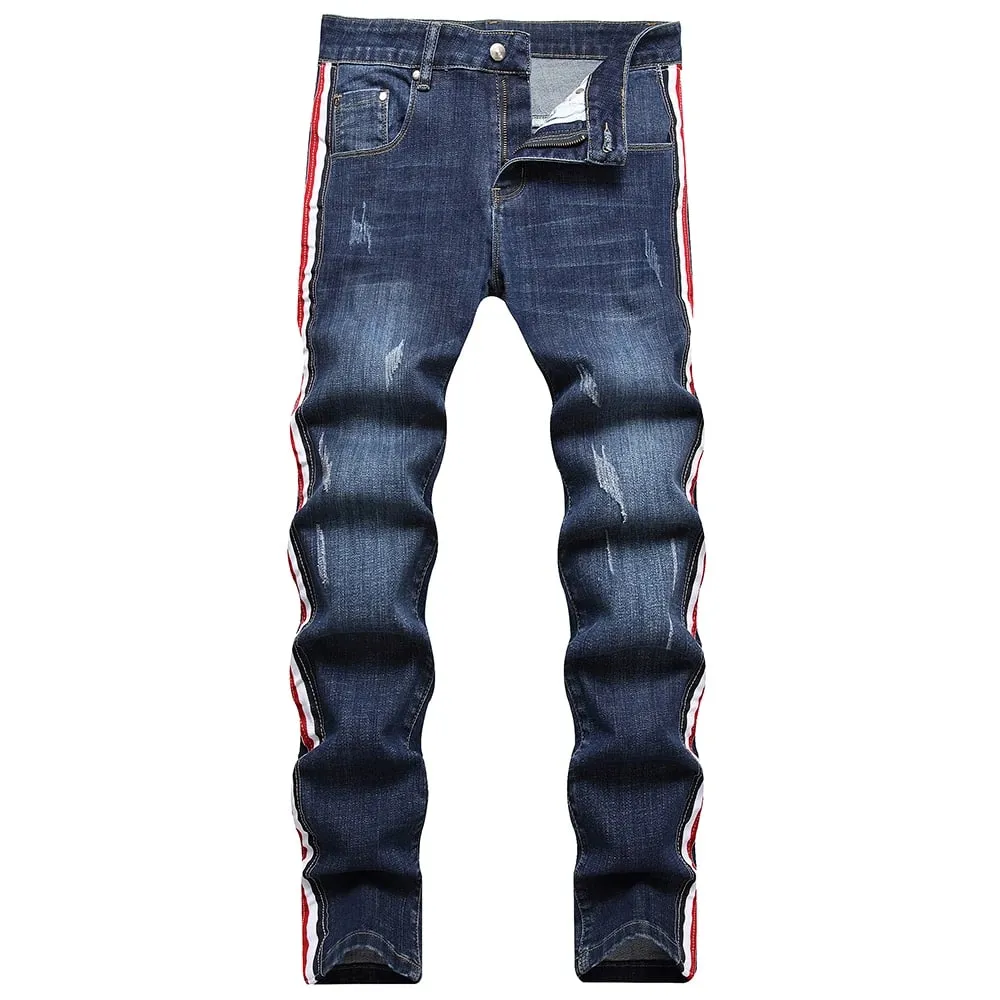 Jean en Denim à rayures latérales pour hommes, pantalon en Denim lavé extensible bleu, pantalon droit Slim