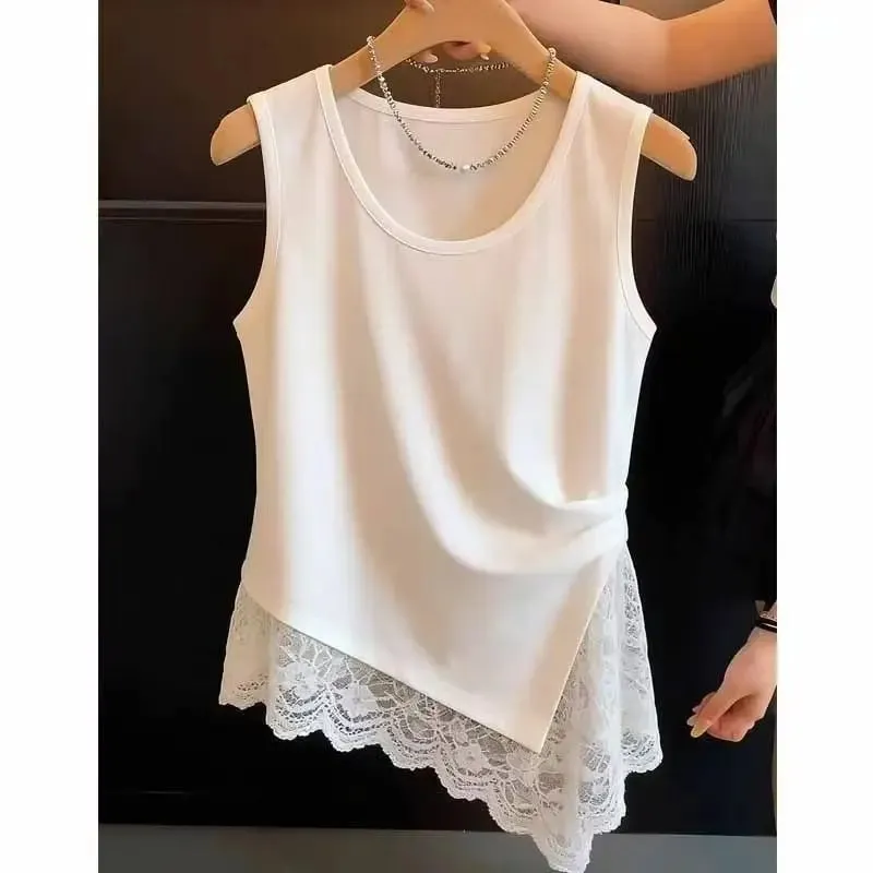 Vêtements de grande taille pour femmes, nouveau design plissé, sens de la dentelle, épissage de dentelle, gilet irrégulier, printemps et été — image 3
