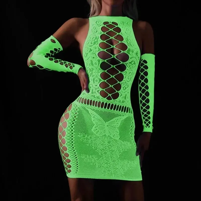 Fishing Net Transparent Women's Sexy Two Piece Set Fluorescent Open Crotch Bodystockings Dacne Party Club Luminous Sex Clothes — image 4