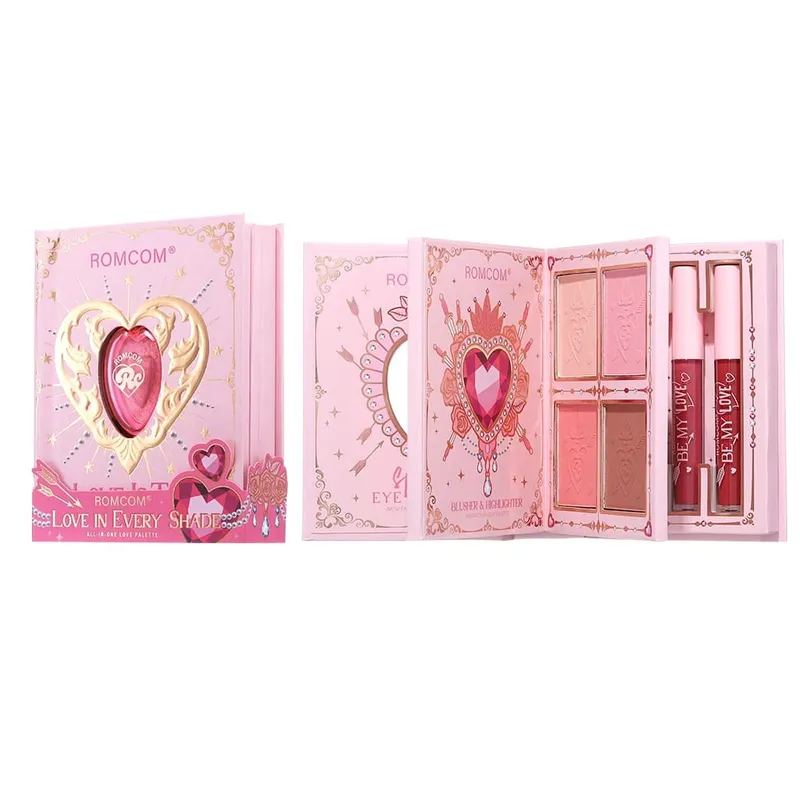 Pink Heart Decor Full Face Makeup Combo 9 Neutral Eye Shades 4 Cheek Tints 4 Nude Matte Lip Gloss Portable Design