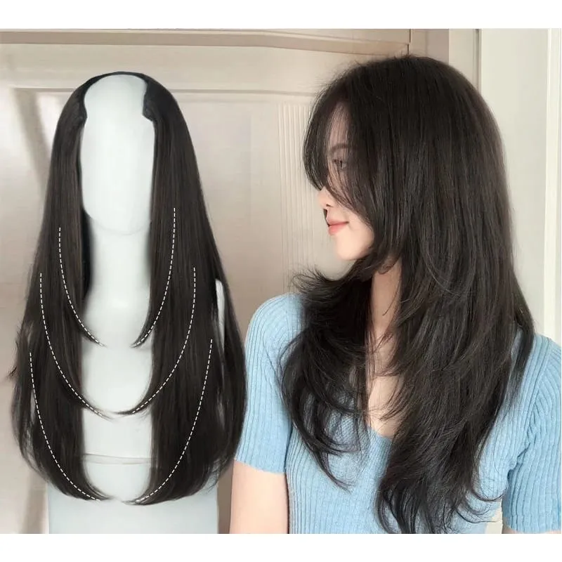 22 นิ้วต่อผมสังเคราะห์ผสมได้ดียาวตรงหยัก Hairpieces รูปตัววีสีน้ำตาลต่อผม — image 5