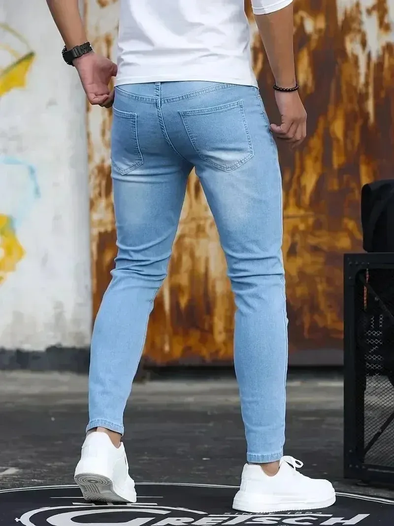 กางเกงยีนส์ผู้ชายยืดกางเกงยีนส์กางเกงสีทึบสีดำสีฟ้าฤดูใบไม้ผลิ Luxury Street Harajuku Hip-Hop สไตล์ SLIM FIT กางเกงยี่ห้อ