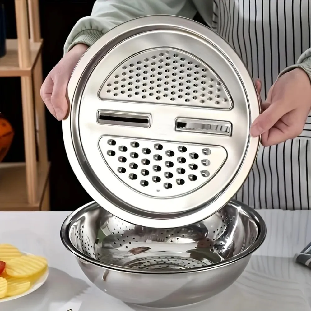 Juego de ralladores de cocina multifuncionales de acero inoxidable, cuenco de drenaje con mandolina para lavado de verduras, rebanador para patatas, 3 uds. — image 9