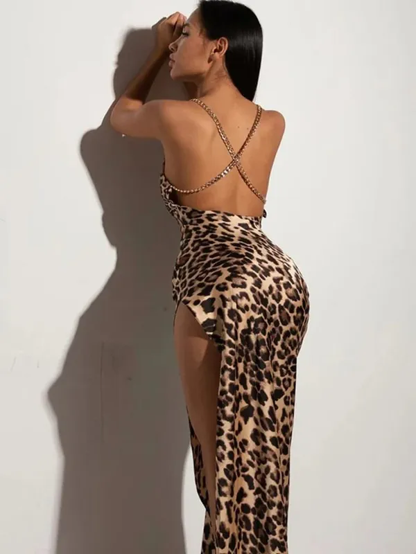 Pakaian Maxi Cetakan Harimau Harimau Wanita Tali Rantai Sebelah Celah Belakang Bodycon Pesta Pakaian Jalanan Seksi 2024 Malam Elegan — image 3