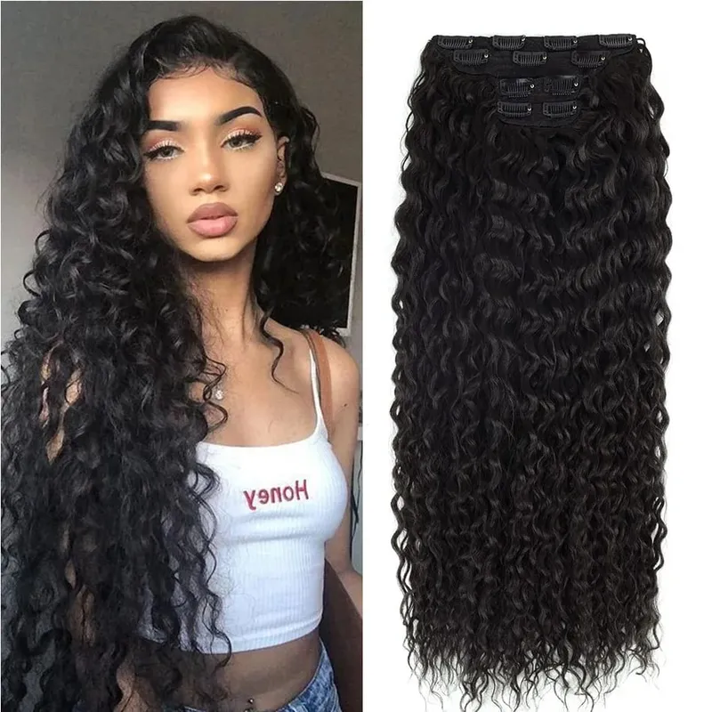 Extension synthétique à Clip pour femmes, Extension de tête complète, longue, crépue et bouclée, faux cheveux, épingle à cheveux noire et brune pour femmes — image 8
