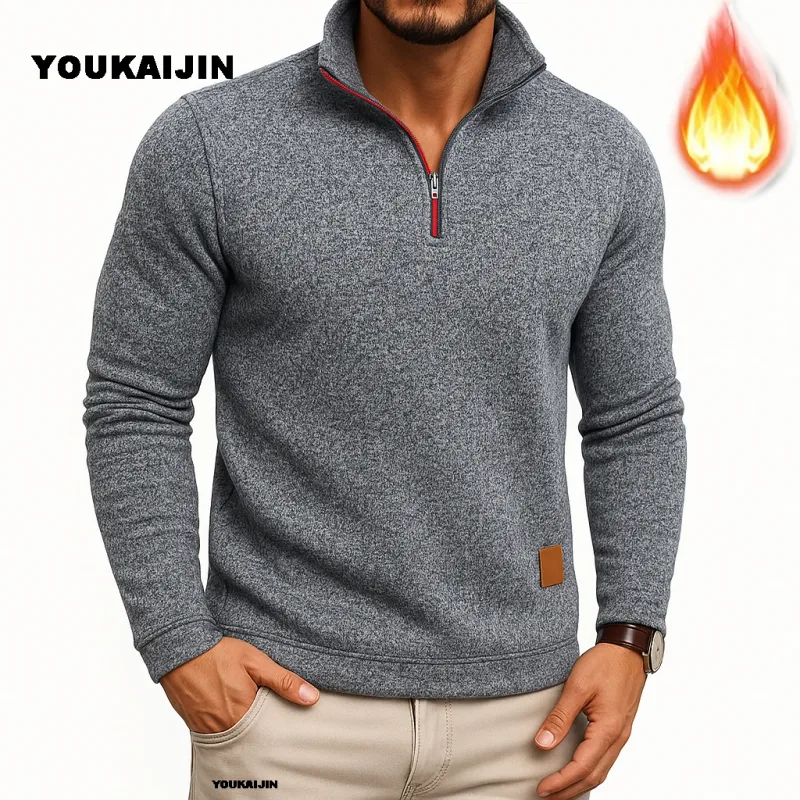 Sudaderas para hombre, jersey más grueso de primavera, jersey con cremallera de un cuarto para hombre, Sudadera con capucha para exteriores, sudadera de otoño, cuello alto de Color sólido — image 5