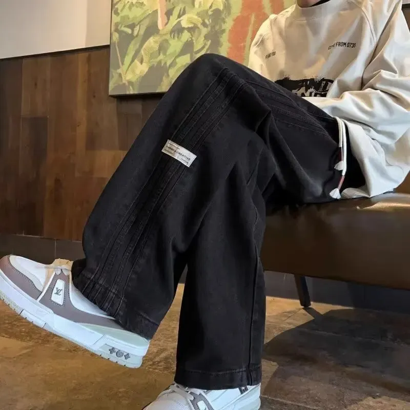 Seluar jeans retro Amerika tiga bar lelaki musim bunga dan musim luruh gaya baharu pinggang elastik jalan tinggi longgar kasual kaki lurus lelaki panjang — image 2