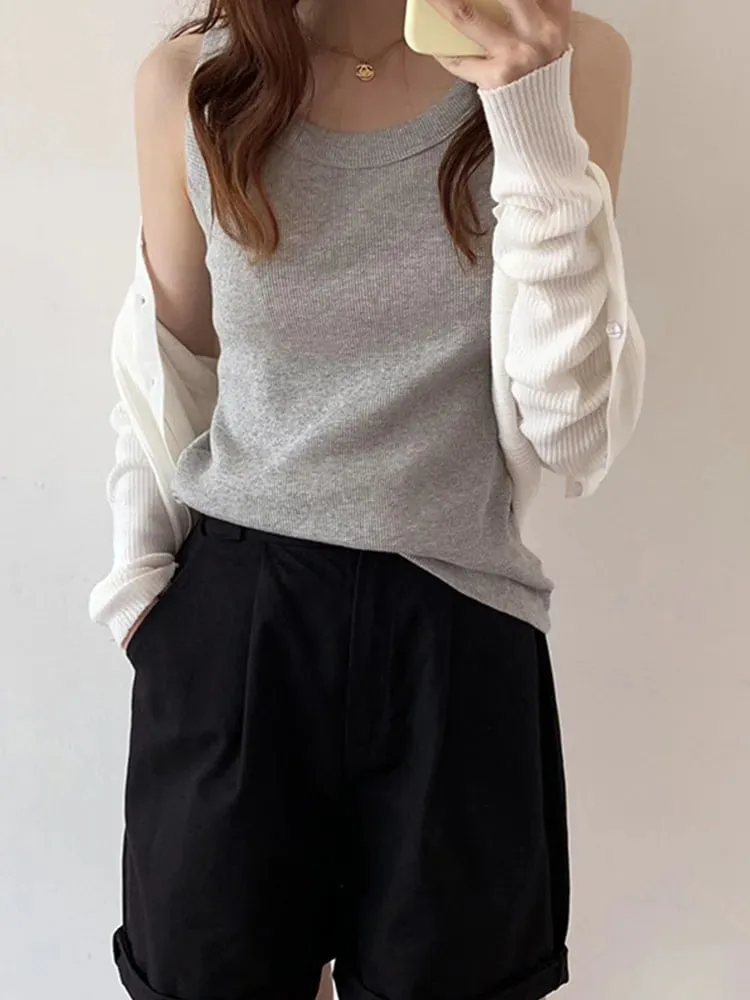 Tank Top Warna Polos Rajutan Musim Panas Kamisol Ramping Putih Kaus Kamisol Dasar Wanita — image 6