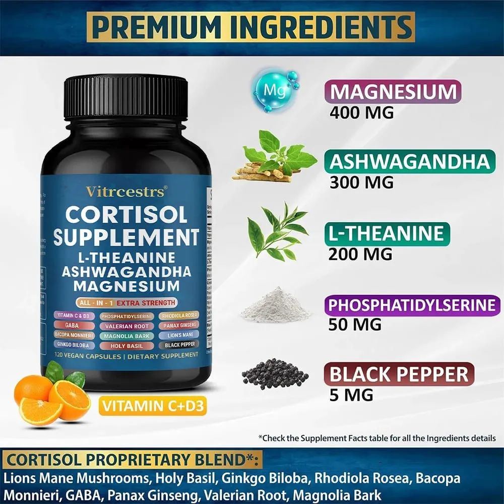 Cortisol Support Supplement - Magnesium Supports Stress Relief Calm Mood Relaxation Restful Sleep Focus & Adrenal Health — image 2