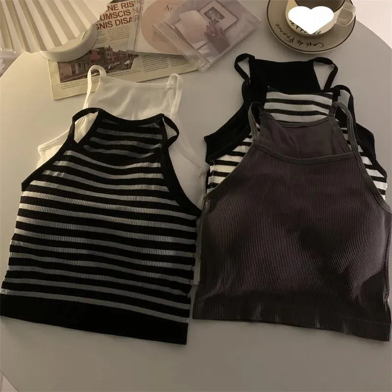Canottiere da donna in versione coreana con filato solido, moda casual, top corto con imbottitura sul petto, senza maniche, canotta di base — image 7