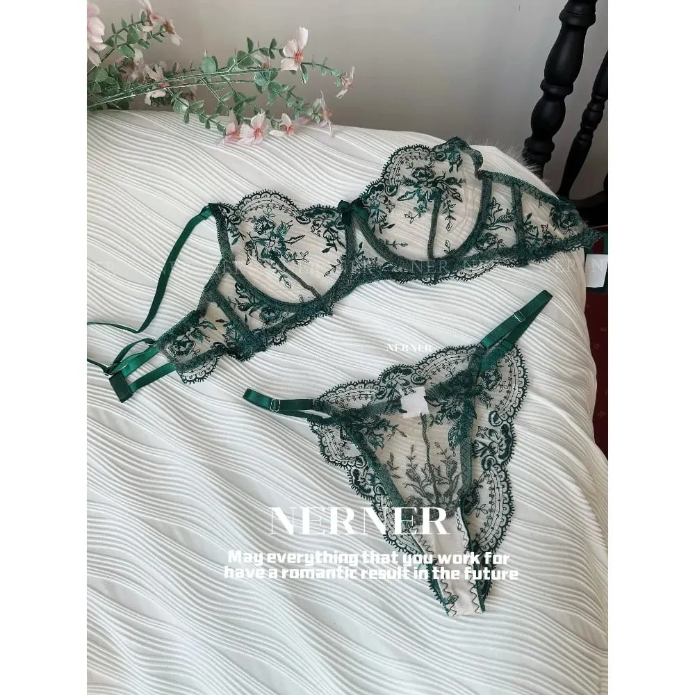 Französischer Stil Mesh-Stickerei-Spitzen-BH-Set mit Bügel, leicht transparenter dünner Dessous-Minimizer-BH für große Büste S-XL — image 3