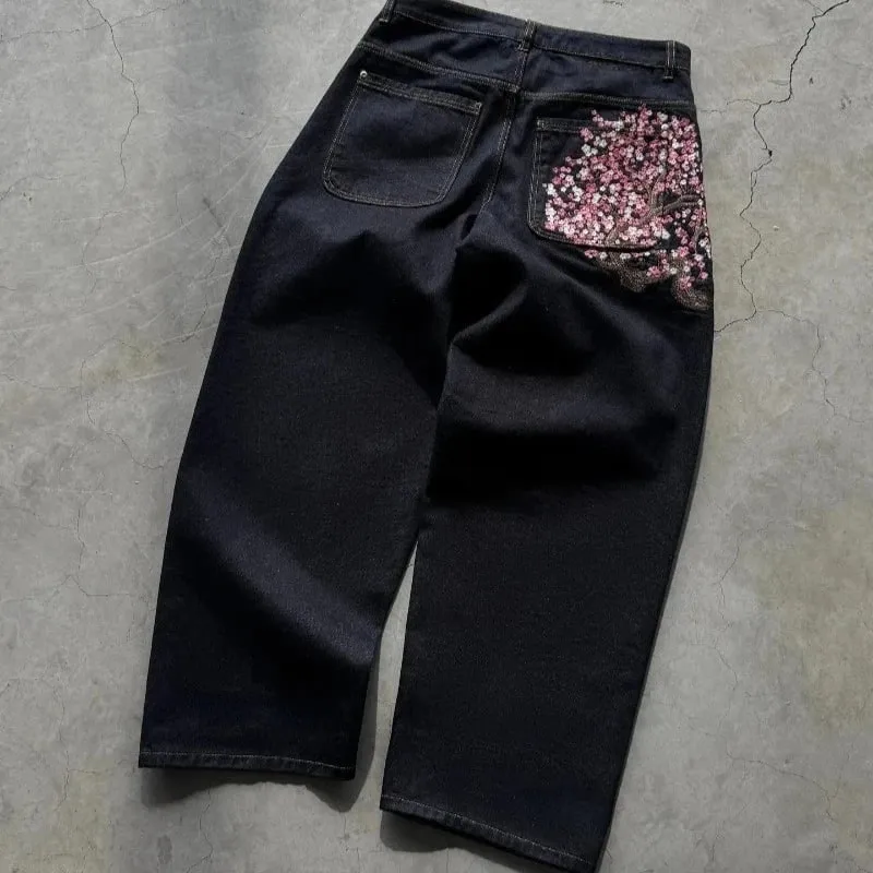 Y2K Baggy Jeans Cherry Blossom Embroidery Denim Pants Men Women American Hiphop Streetwear Wide Leg Denim Trousers — image 8