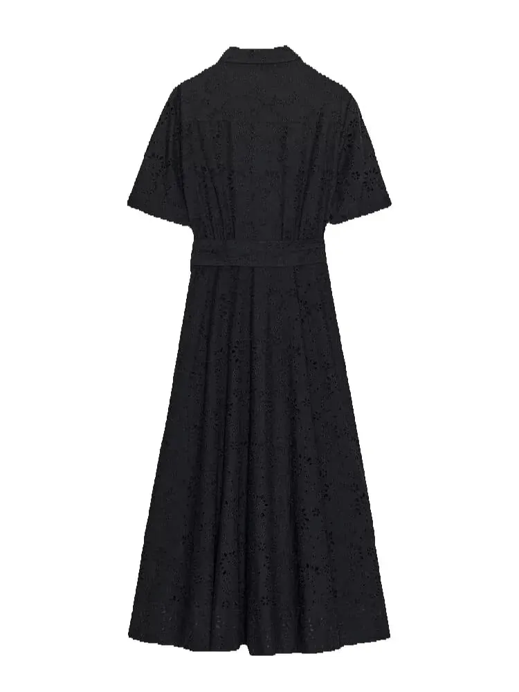 Robe mi-longue à revers pour femmes, élégante, manches courtes, Chic, couleur unie, simple boutonnage, taille longue, vacances, soirée — image 7