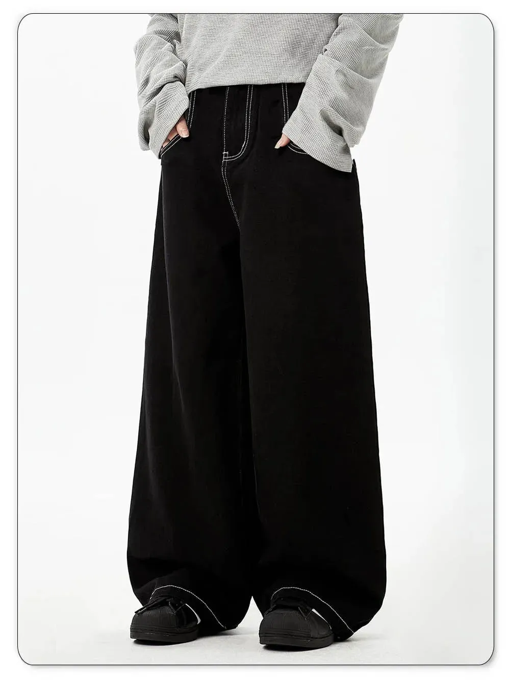 Wiosenne letnie męskie retro czarne luźne dżinsy z szeroką nogawką amerykański podstawowy unisex codzienny codzienne spodnie dżinsowe damskie czarne dżinsy w stosy — image 9