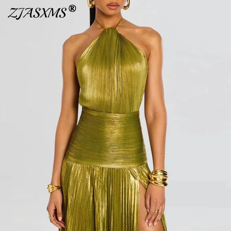 Gold Sexy Halter High Split Gowns Evening Dress Woman Chic Solid Hollow Pleated Long Dress Spring Summer Backless Zip Maxi Dress — image 2