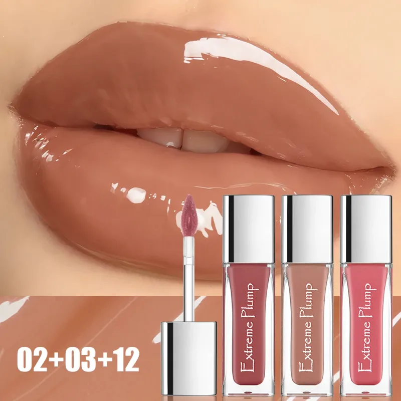 3-teiliges, extrem pralles Lipgloss-Set mit Spiegelglas-Finish, langlebige, feuchtigkeitsspendende Lippenglasur, nicht klebriger, wasserdichter nackter flüssiger Lippenstift — image 2
