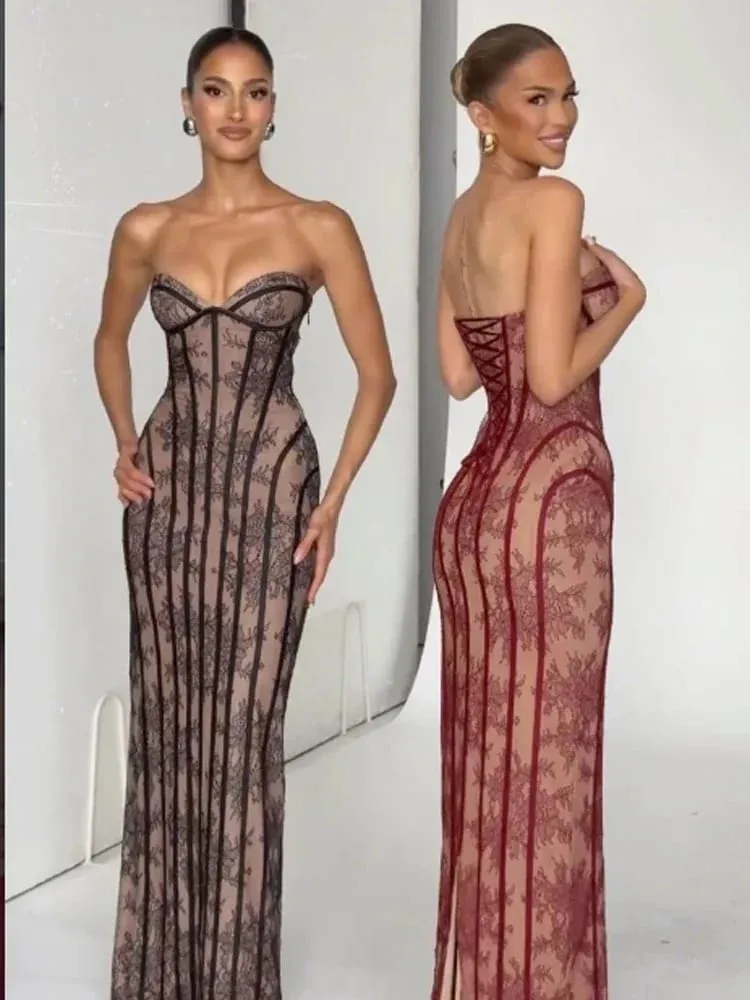 Gaun Tulle Fishbone Wanita Tanpa Tali Belakang Tanpa Bahu Bercetak Patchwork Gaun Maxi Slim 2026 Gaun Malam Pesta Wanita yang Chic — image 3