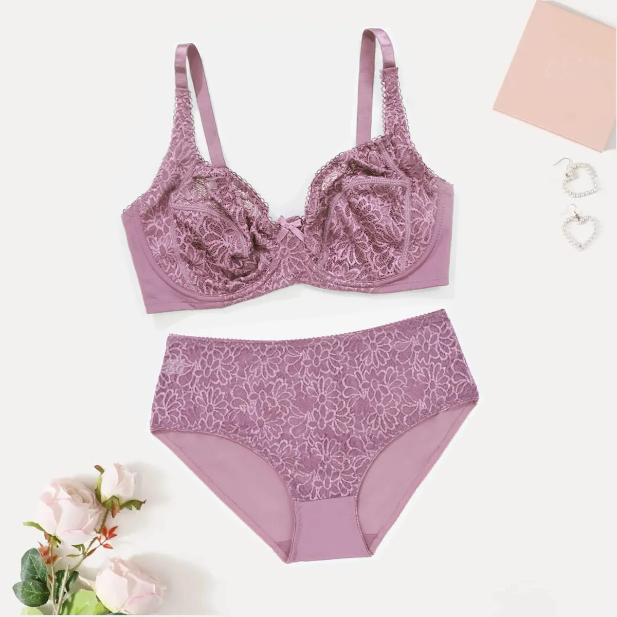 Female Big Size Lace Lingerie Set Bra with Wire Unlined Thin Breathable Bra and Panties Set 85C-110E — image 1