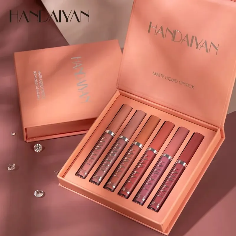 6 teile/satz Lip Gloss Langlebig Wasserdicht Matte Lip Tint Antihaft Tasse Flüssigkeit Lippenstift Geschenk Box Kosmetik Make-Up — image 3