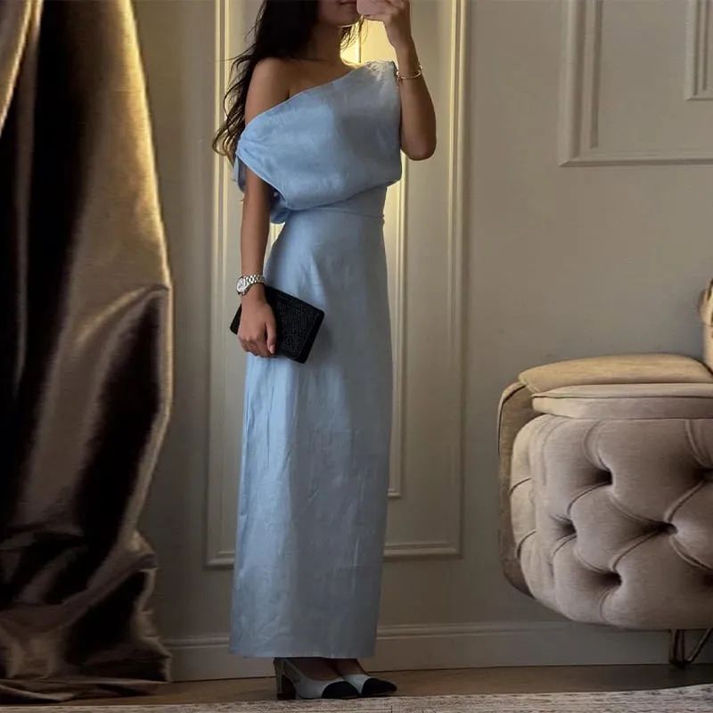 Gaun Pepejal Satu Bahu yang Elegan Gaun Pinggang-cinching Sisi Sebelah Buku lali 2026 Musim Panas Baru Wanita Kasual Jubah Selesa — image 10
