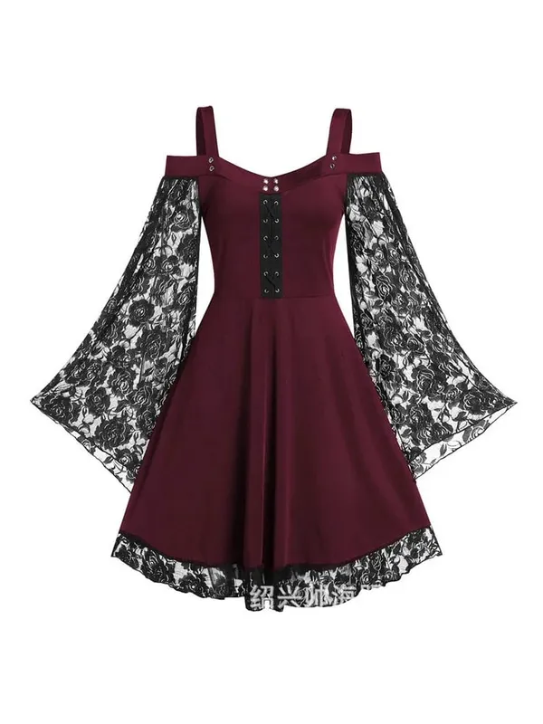2022 New Gothic One-shoulder Lace Stitching Flared Sleeve Dress Literary Vintage Autumn Grunge Black A-line Dress Punk Partywear — image 3