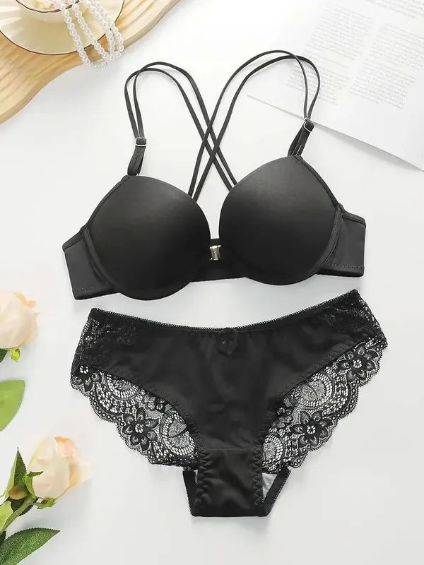 Conjunto de sujetador con tiras cruzadas y botones delanteros para mujer, Push Ups, encaje de Color sólido, conjunto de ropa interior informal cómoda para uso diario Sexy A2159
