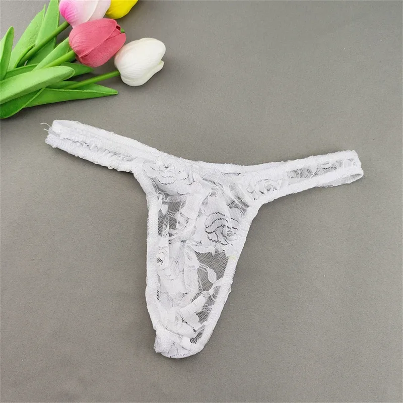 Lace Floral Sexy Men's Underwear Solid Hollow Perspective Thong Comfort Bugle Enhance Sissy G-String Gay Low Rise T-back Panties — image 22