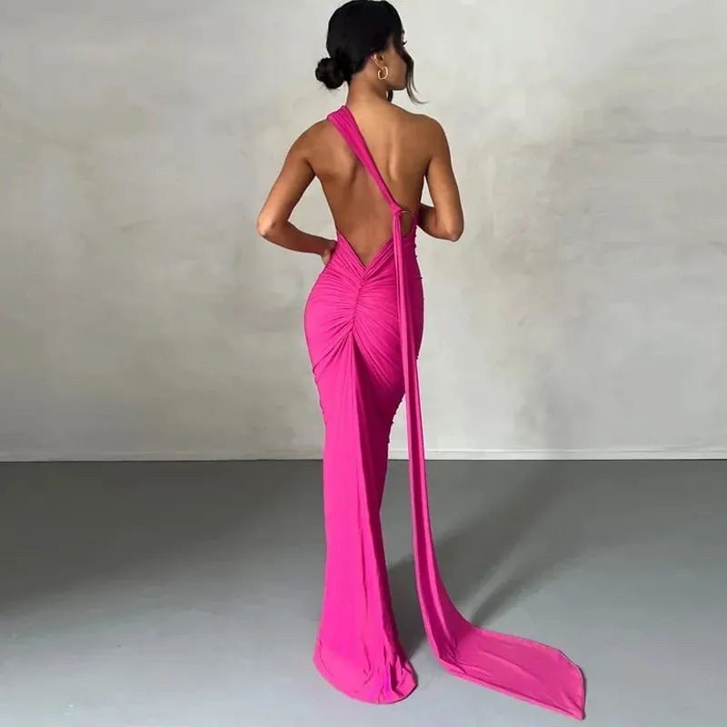 Robe longue sans manches pour femme, asymétrique épaule dénudée, écharpe réglable, boucle froncée, dos nu, moulante, tenue de fête, de Festival, robe longue élégante