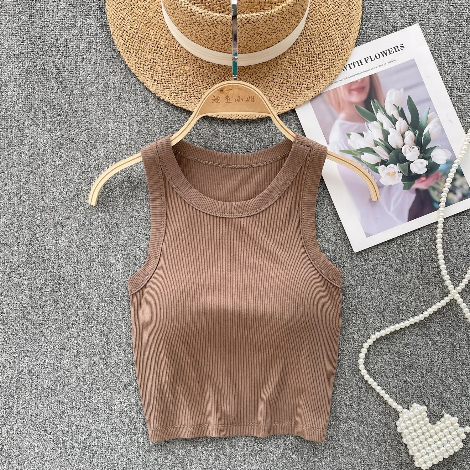 Ærmeløs striktop Dame Rygløs koreansk BH O-hals Solid elastisk talje Dame Elegant Mode Casual Crop Top — image 8