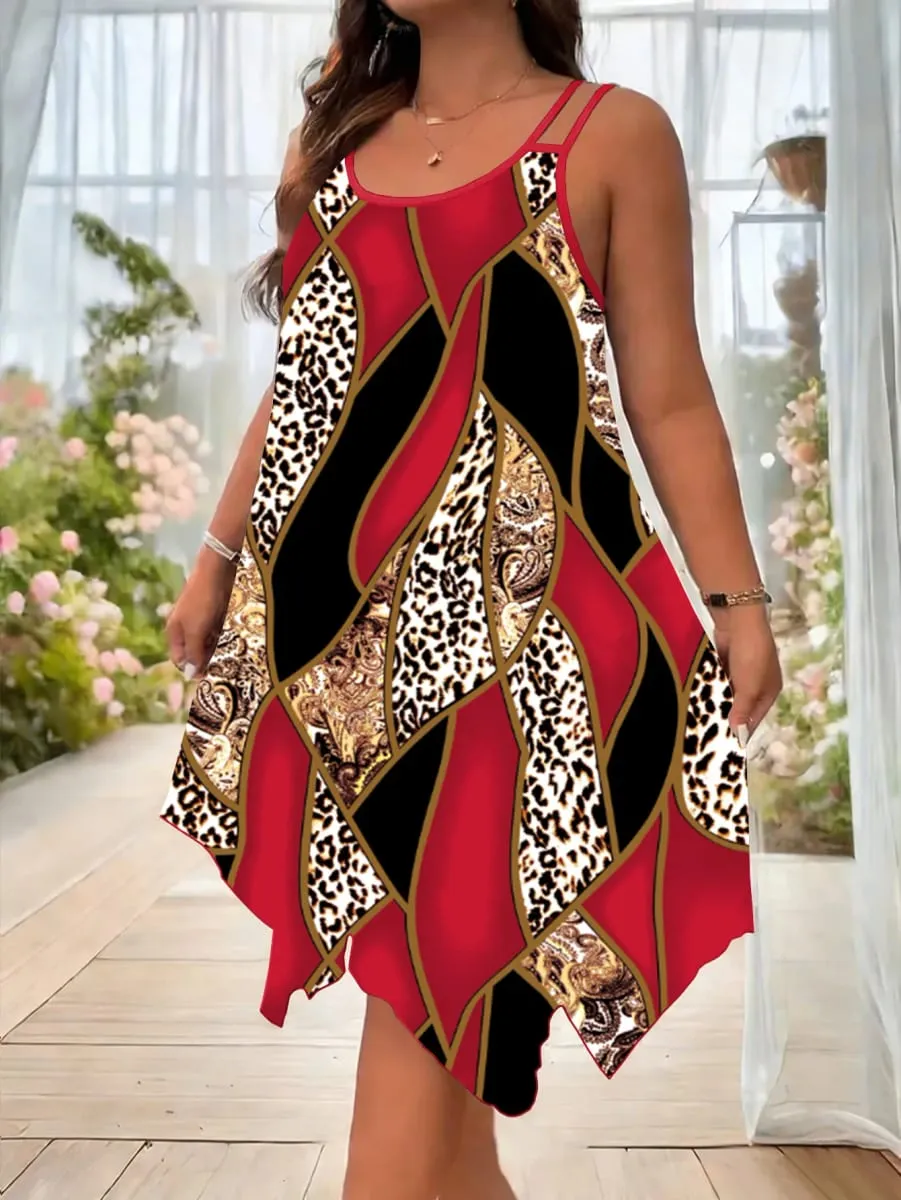 Plus-size women's fashion asymmetrical geometric stripes printed double strap dress — image 2