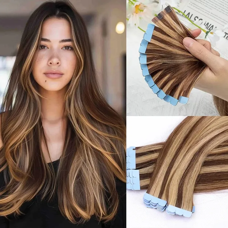 Pita Mini dalam Sambungan Rambut Manusia Sebelah Dua Pita Lancar Tidak Kelihatan dalam Rambut 10pcs/set Asli Lurus Hitam Coklat Berambut perang — image 14