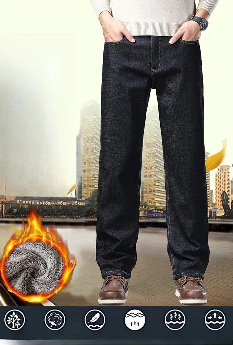 Jeans addensati foderati in pile da uomo Pantaloni in denim slim fit elasticizzati caldi invernali Pantaloni morbidi e comodi per l'abbigliamento da lavoro quotidiano — image 8