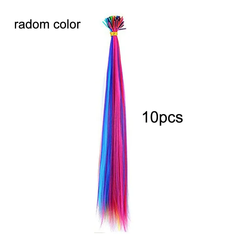 Kit Ekstensi Rambut Sintetis Pelangi 20 "10 Buah Ekstensi I-tip Berwarna dengan Jarum Kait Manik-manik Mikro untuk Cosplay Anak-anak Wanita