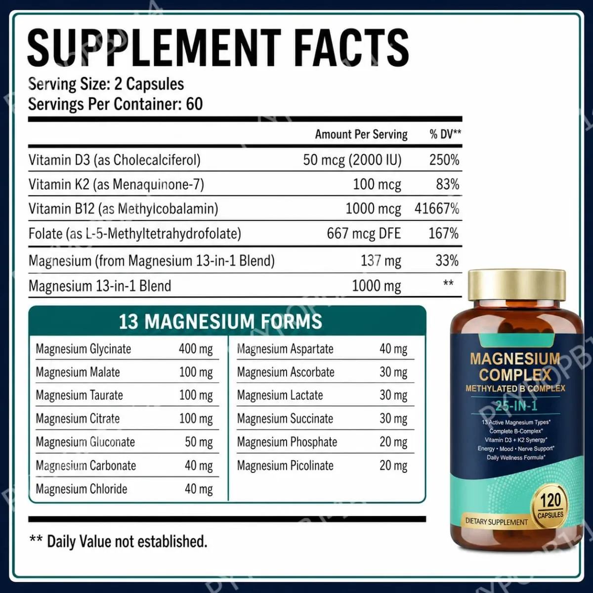 25-in-1-Magnesiumkomplex mit Glycinat, Citrat, Malat, Vitamin D3, K2, B12, Methylfolat zur Entspannung, Energie, Nerven, 120 Kapseln — image 2