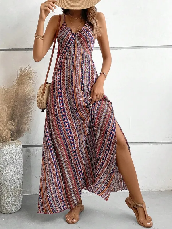Abito estivo da donna con motivo etnico, spacco sulla coscia, abiti estivi da donna, abito lungo con volant alla moda Boho per la spiaggia — image 8