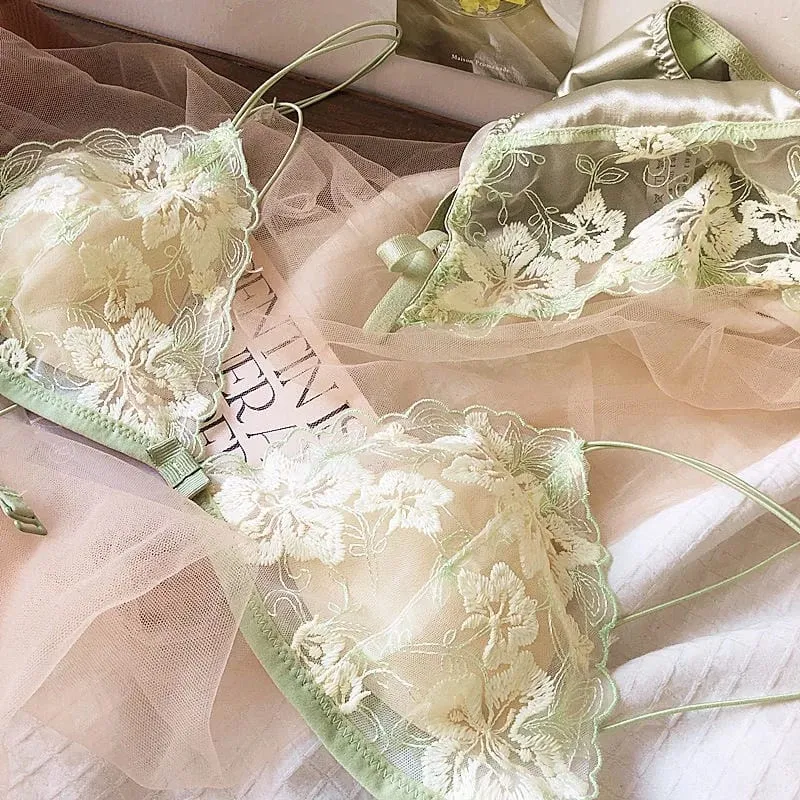 Bralette Renda Perancis Payudara Kecil Wanita Tanpa Wayar Ultra Nipis Seksi Sulaman Mesh Tanpa Underwire Push Up Set Bra Keselesaan BANERDANNI — image 1