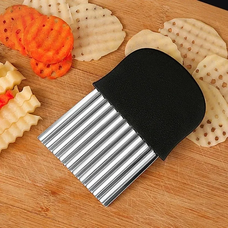 Keluli Tahan Karat Penghiris Kerepek Kentang Doh Sayuran Buah Kerut Bergelombang Pisau Dapur Pemotong Chopper Alat Alat Pembuat Goreng Perancis — image 3