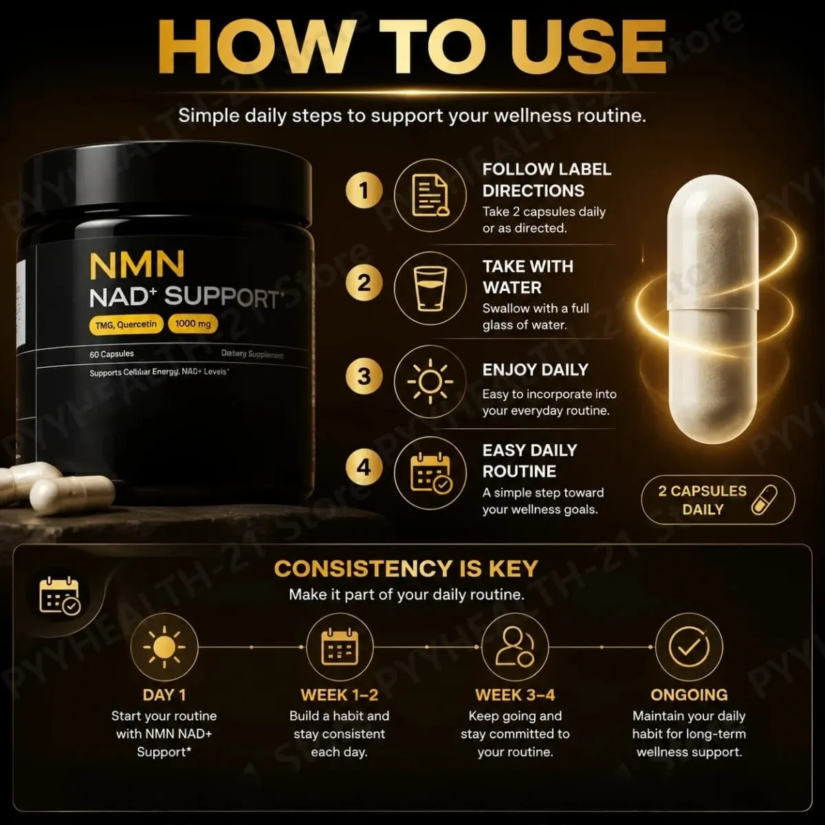 NMN NAD+ Support Capsules 1000 มก. รองรับพลังงานเซลลูล่าร์ ระดับ Cognitive Health NAD+ ด้วย TMG Quercetin 60 แคปซูลผู้ใหญ่