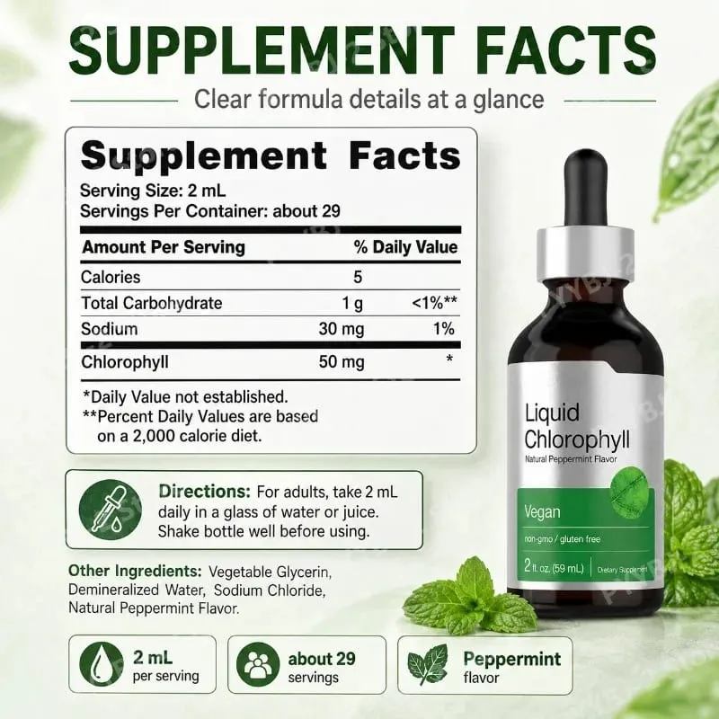 Chlorophyll Liquid Drops Mint Flavor 59ml with Herbal Plant Extract Natural Dietary Supplement Mix with Water for Consumption — image 4