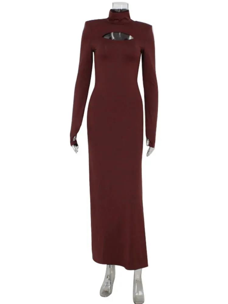 Ahagaga Sexet Skede Dame Maxi Kjoler Solid rullekrave Regular Langærmet Udhulet Slim Fit Bodycon Fest Vestidos Robes — image 7