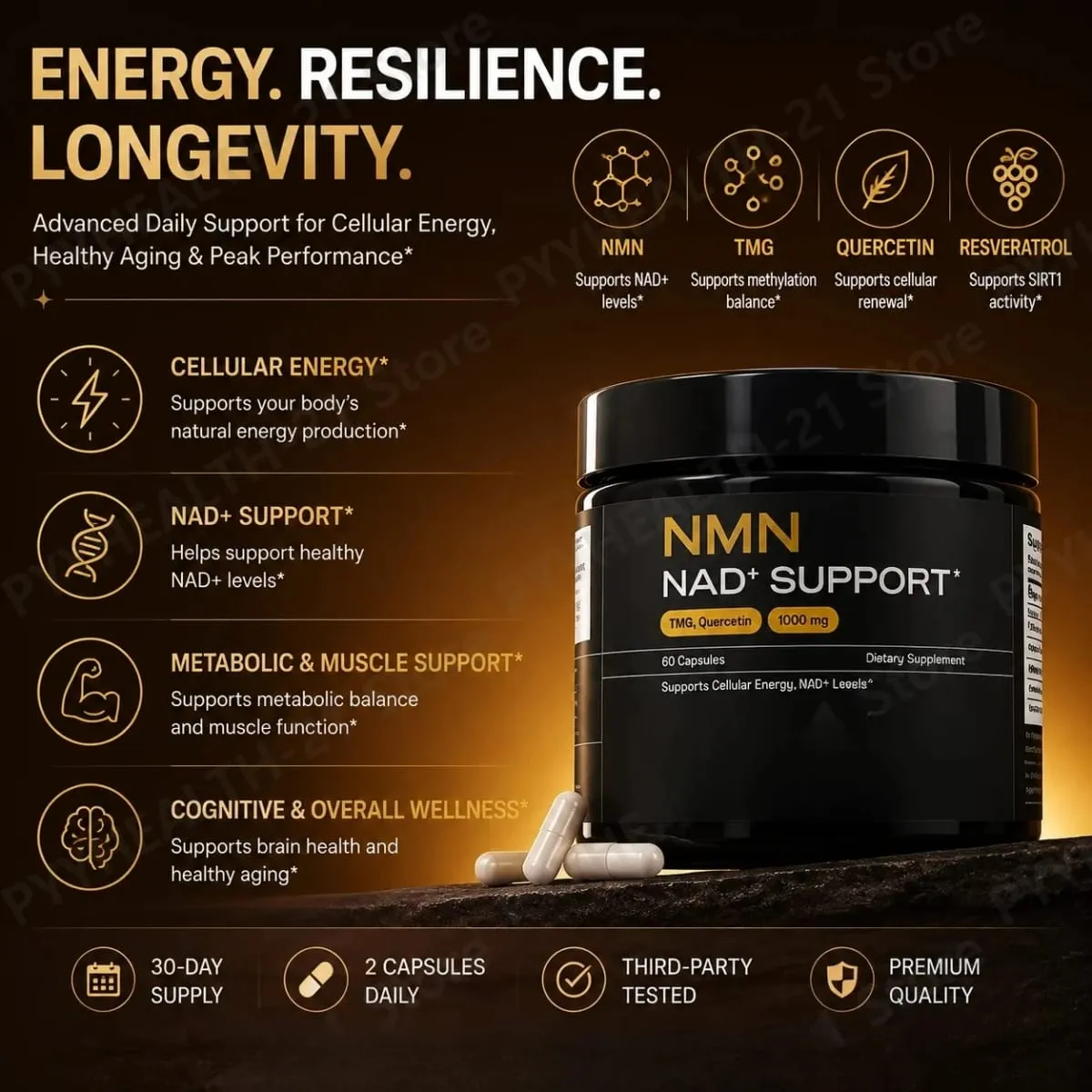 NMN NAD+ Support Capsules 1000 มก. รองรับพลังงานเซลลูล่าร์ ระดับ Cognitive Health NAD+ ด้วย TMG Quercetin 60 แคปซูลผู้ใหญ่